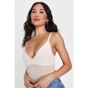 Lulus Trendy Demeanor Ivory And Beige Color Block Sleeveless Bodysuit - Size S